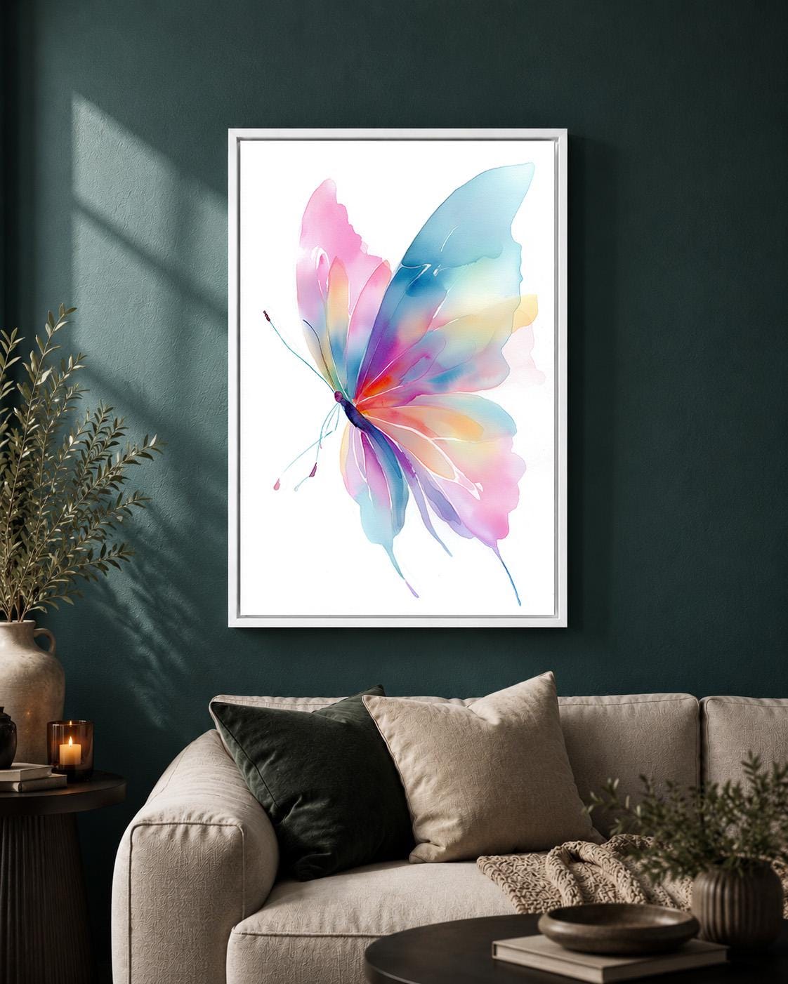 Pastel Watercolor Butterfly Framed Canvas Art, Dreamy Modern Wall Decor by The Wall Art Studio - physical