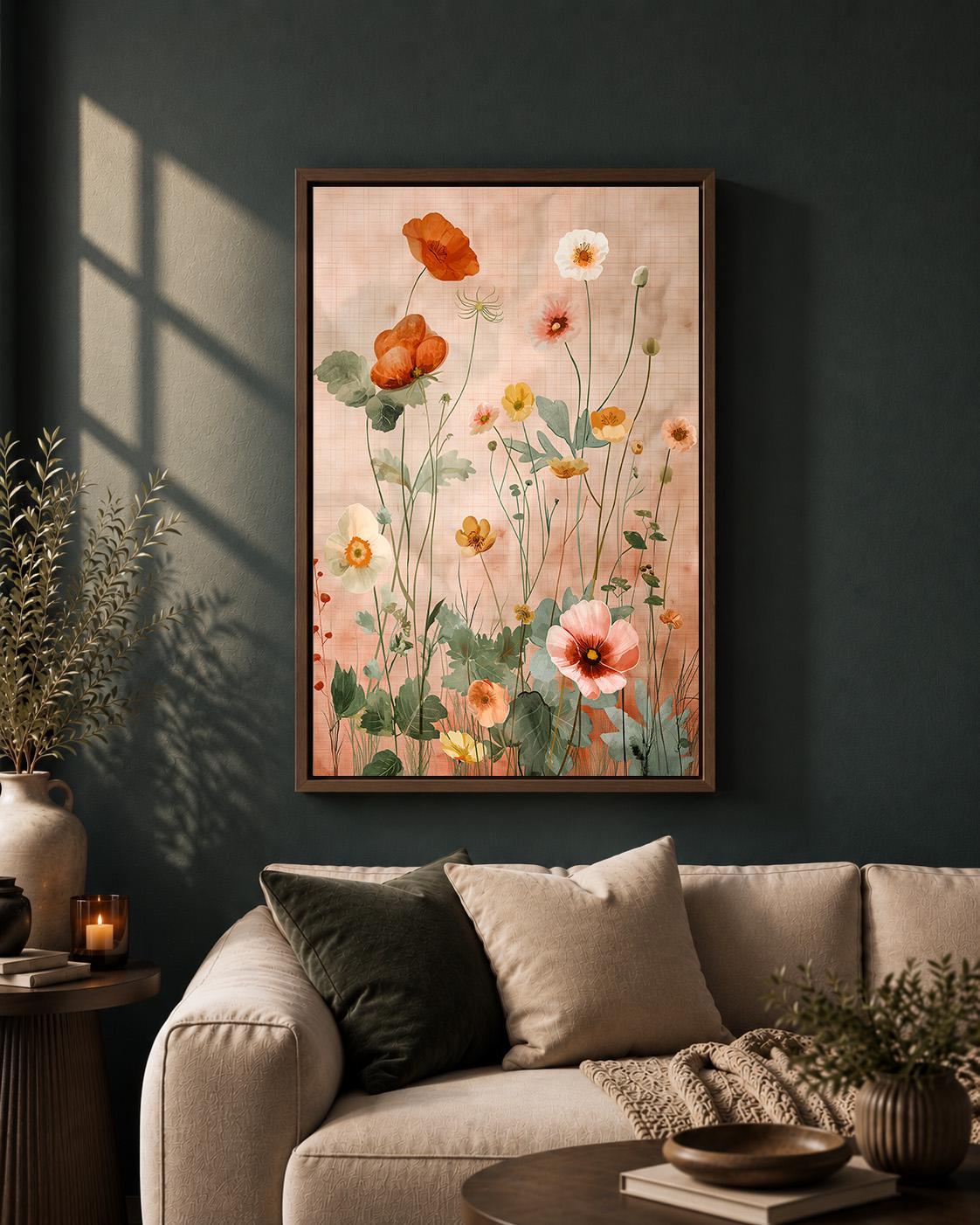 Peach Wildflower Framed Canvas, Cottagecore Botanical Decor, Pastel Floral Artwork, Feminine Bedroom Canvas by The Wall Ar...