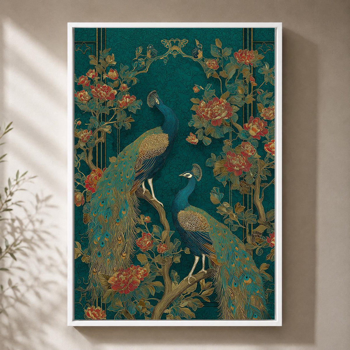 Peacock Chinoiserie Framed Canvas Art, Teal Gold Botanical Bird Print, Maximalist Asian Decor by The Wall Art Studio - phy...