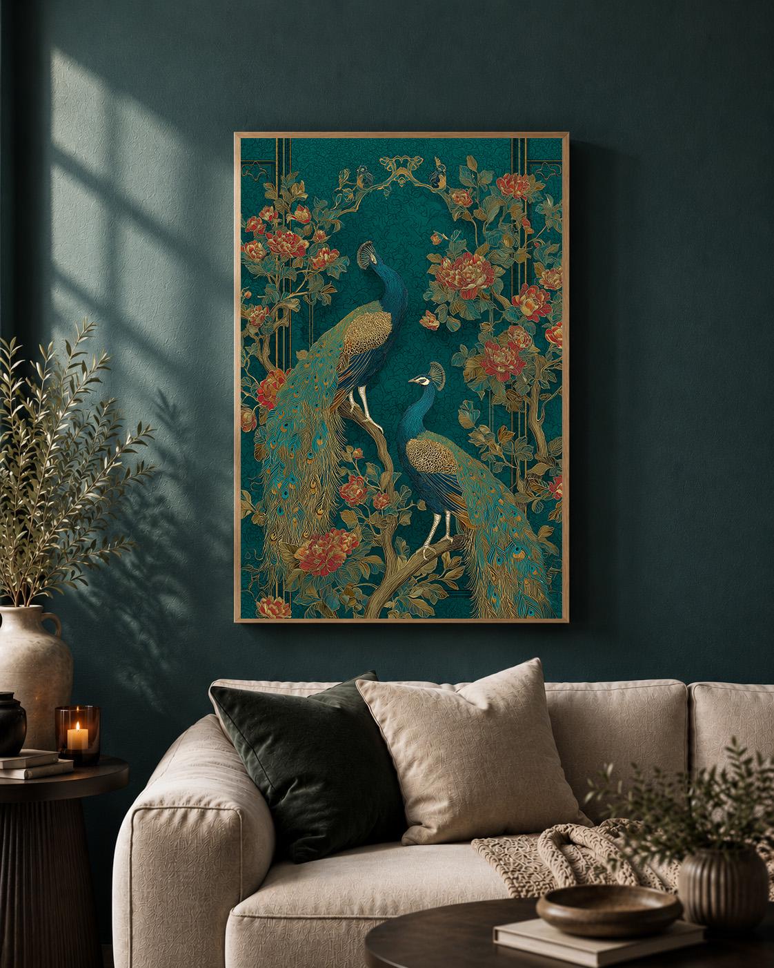 Peacock Chinoiserie Framed Canvas Art, Teal Gold Botanical Bird Print, Maximalist Asian Decor by The Wall Art Studio - phy...