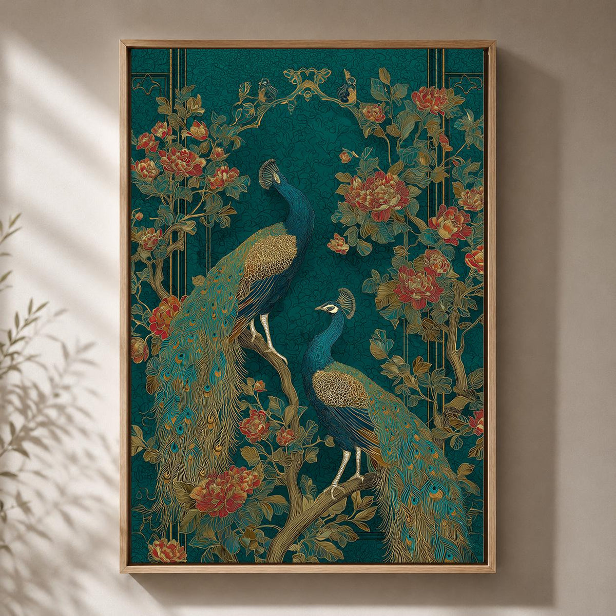 Peacock Chinoiserie Framed Canvas Art, Teal Gold Botanical Bird Print, Maximalist Asian Decor by The Wall Art Studio - phy...
