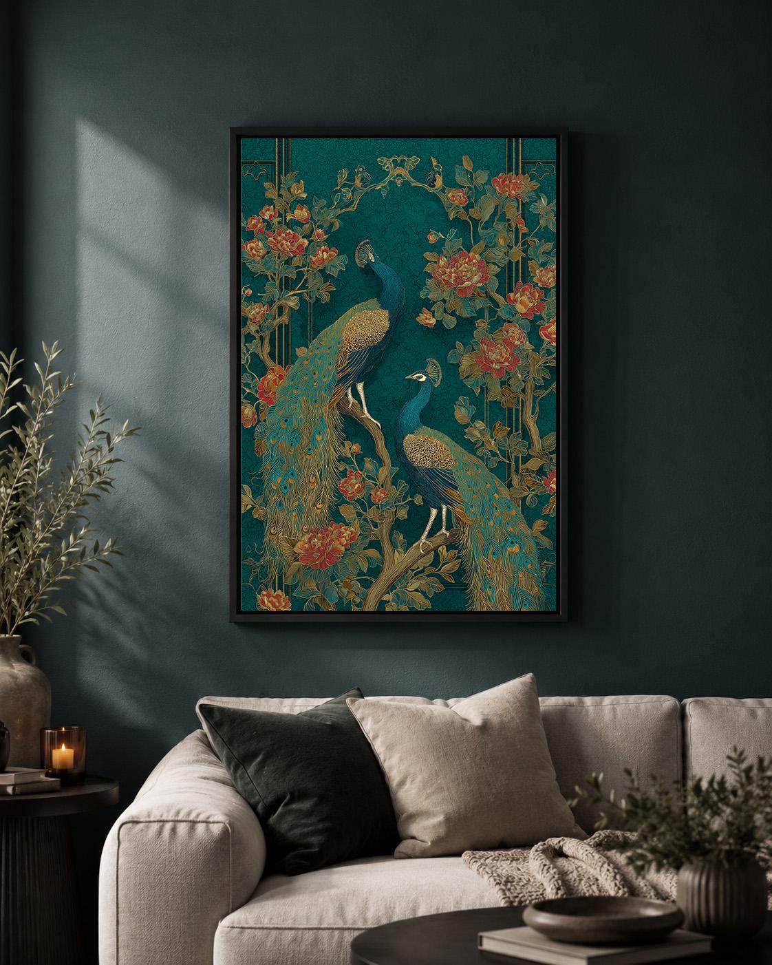 Peacock Chinoiserie Framed Canvas Art, Teal Gold Botanical Bird Print, Maximalist Asian Decor by The Wall Art Studio - phy...
