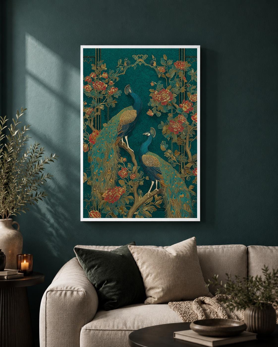 Peacock Chinoiserie Framed Canvas Art, Teal Gold Botanical Bird Print, Maximalist Asian Decor by The Wall Art Studio - phy...
