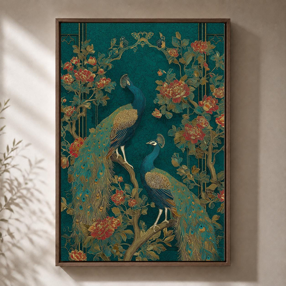Peacock Chinoiserie Framed Canvas Art, Teal Gold Botanical Bird Print, Maximalist Asian Decor by The Wall Art Studio - phy...