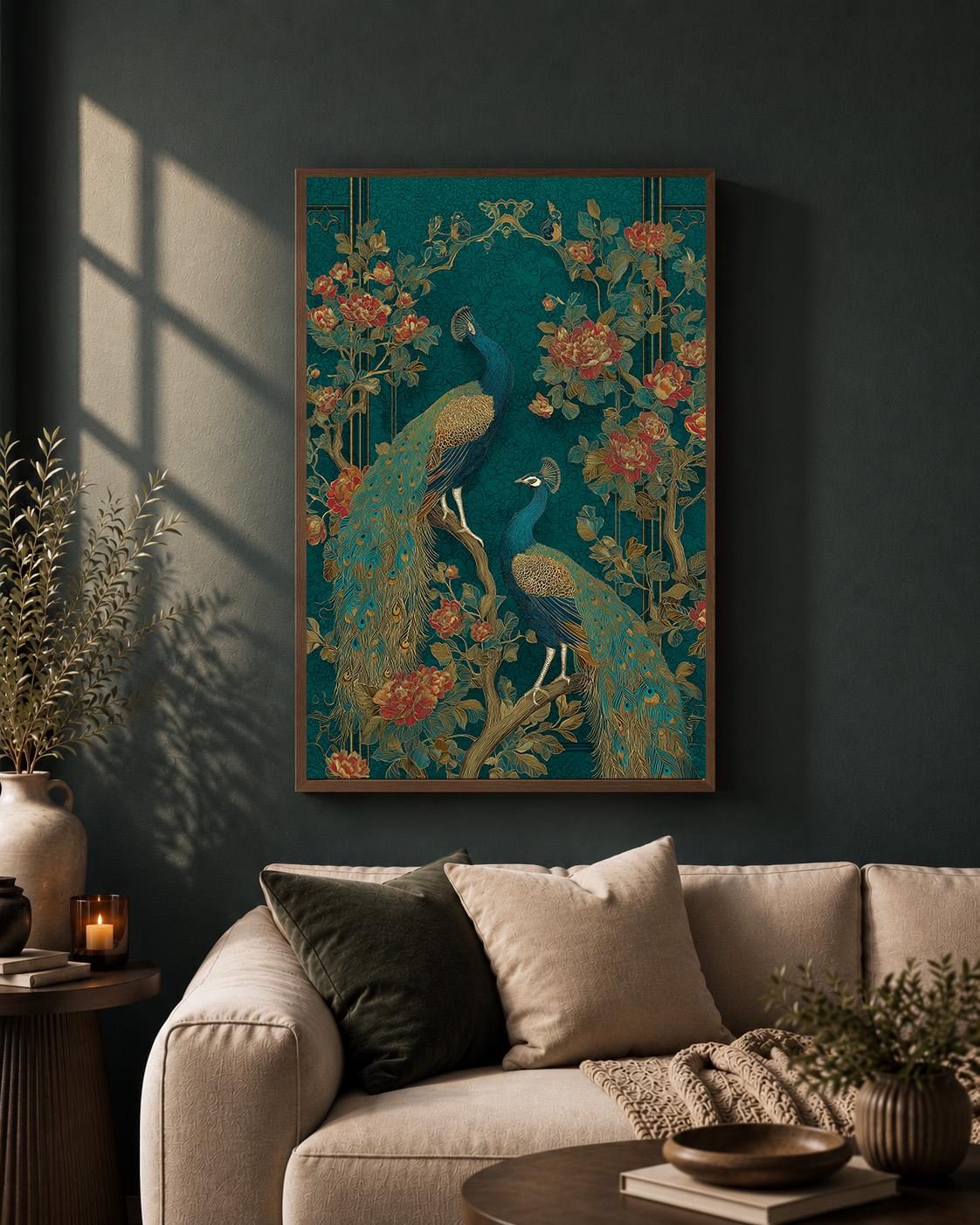 Peacock Chinoiserie Framed Canvas Art, Teal Gold Botanical Bird Print, Maximalist Asian Decor by The Wall Art Studio - phy...