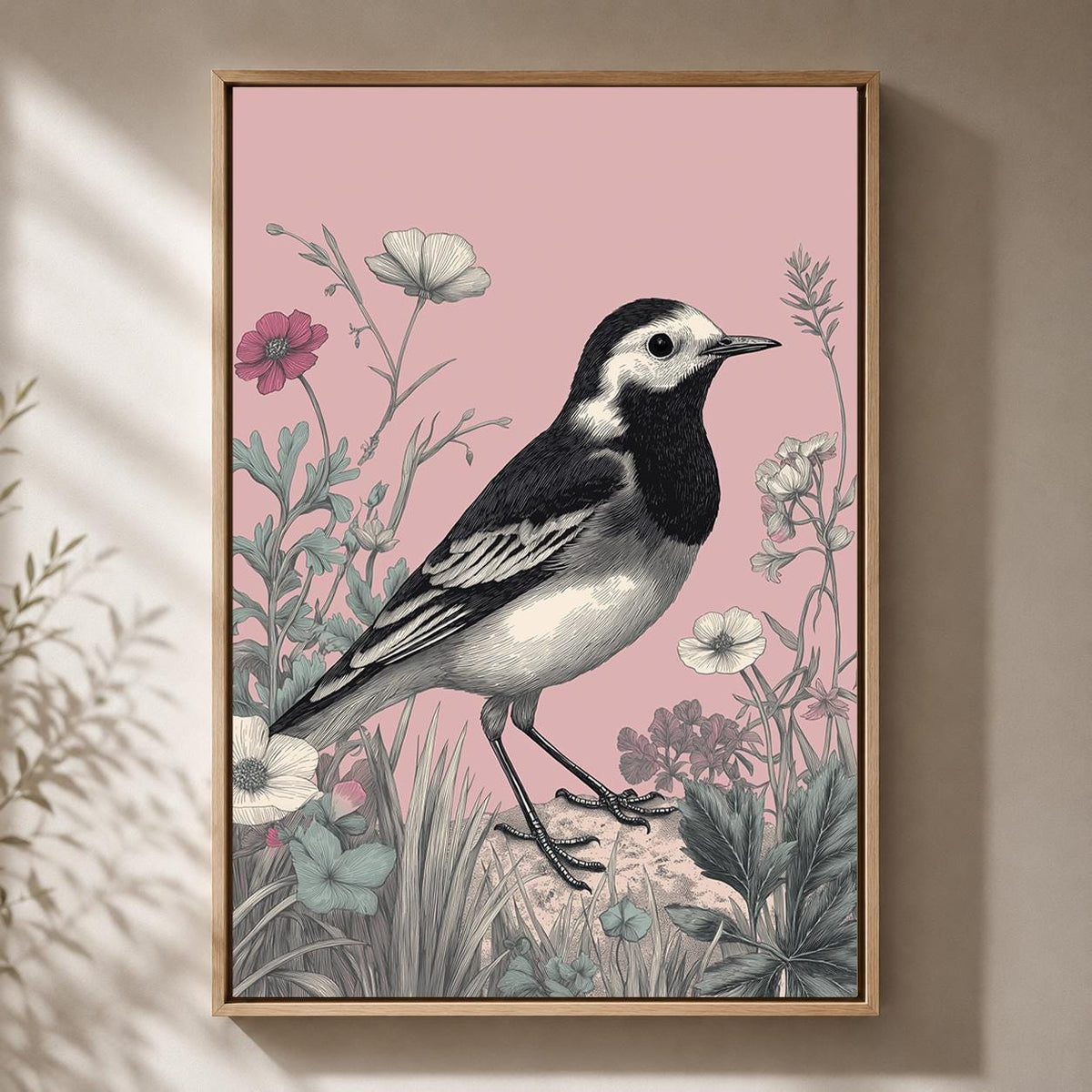 Pied Wagtail Framed Canvas, Vintage British Bird Canvas Print, Pink Cottagecore Wildlife Artwork by The Wall Art Studio -...