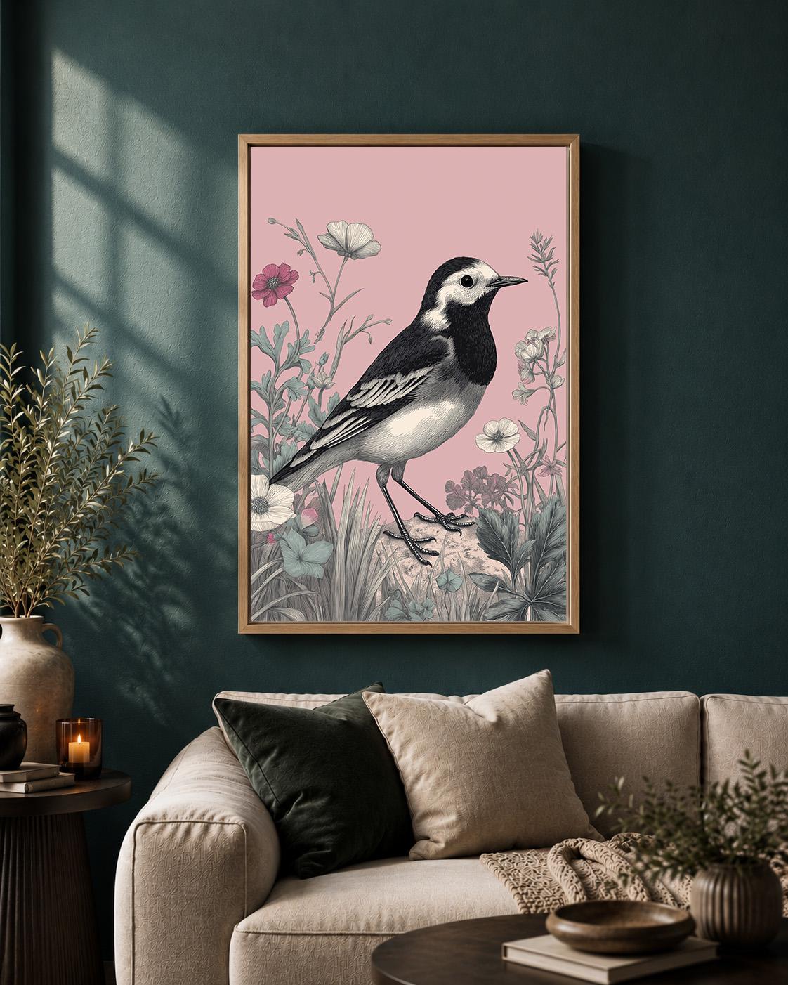 Pied Wagtail Framed Canvas, Vintage British Bird Canvas Print, Pink Cottagecore Wildlife Artwork by The Wall Art Studio -...