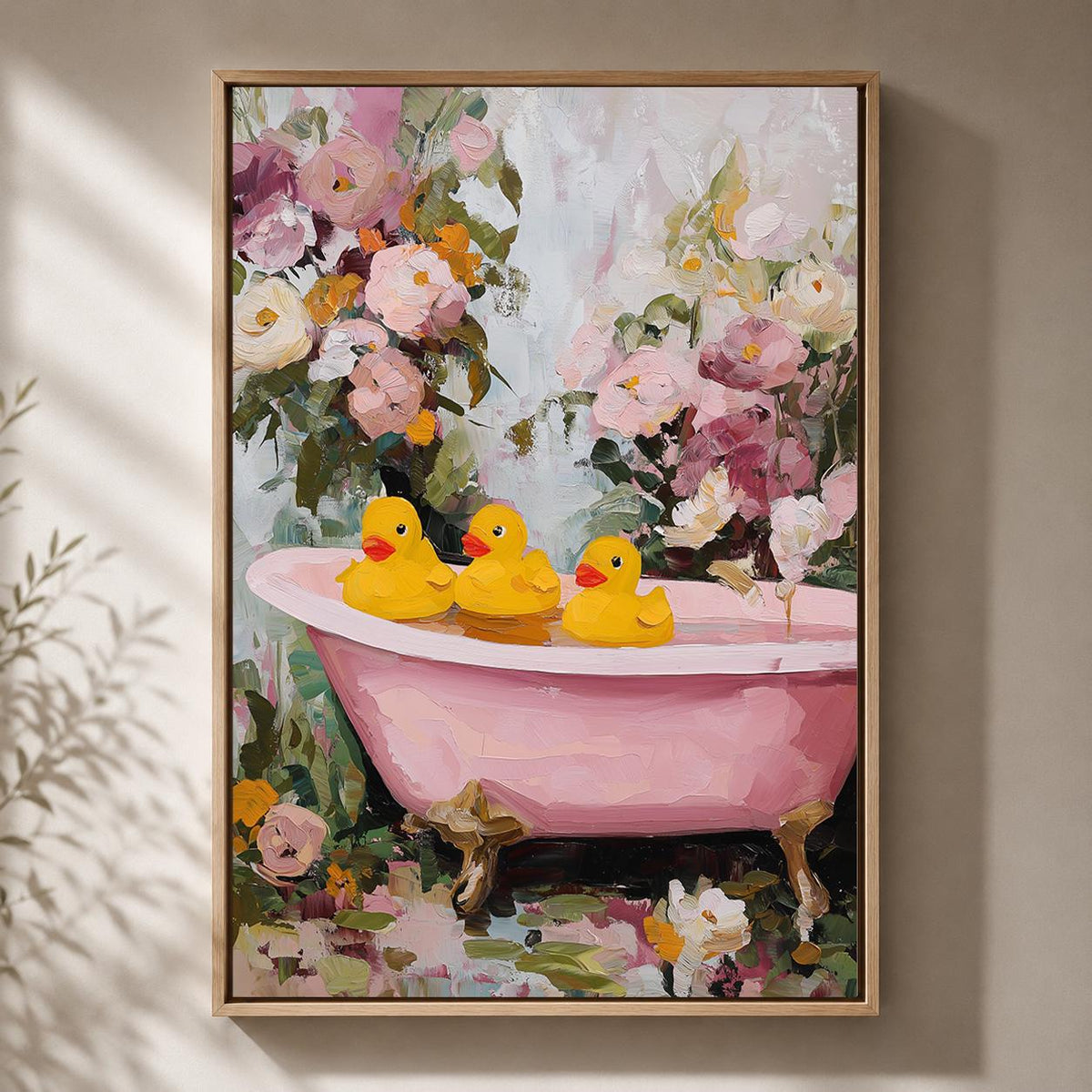 Pink Bathtub Duck Framed Canvas Art, Floral Whimsical Bathroom Decor, Vintage Clawfoot Tub Print by The Wall Art Studio -...