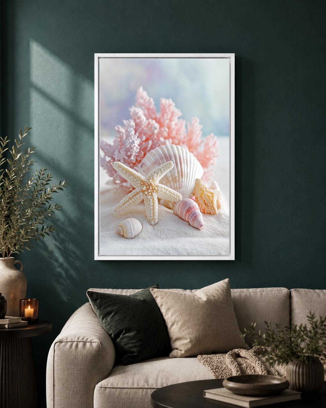 Pink Coastal Seashell Framed Canvas Art, Beach Starfish Print, Pastel Ocean Decor by The Wall Art Studio - physical