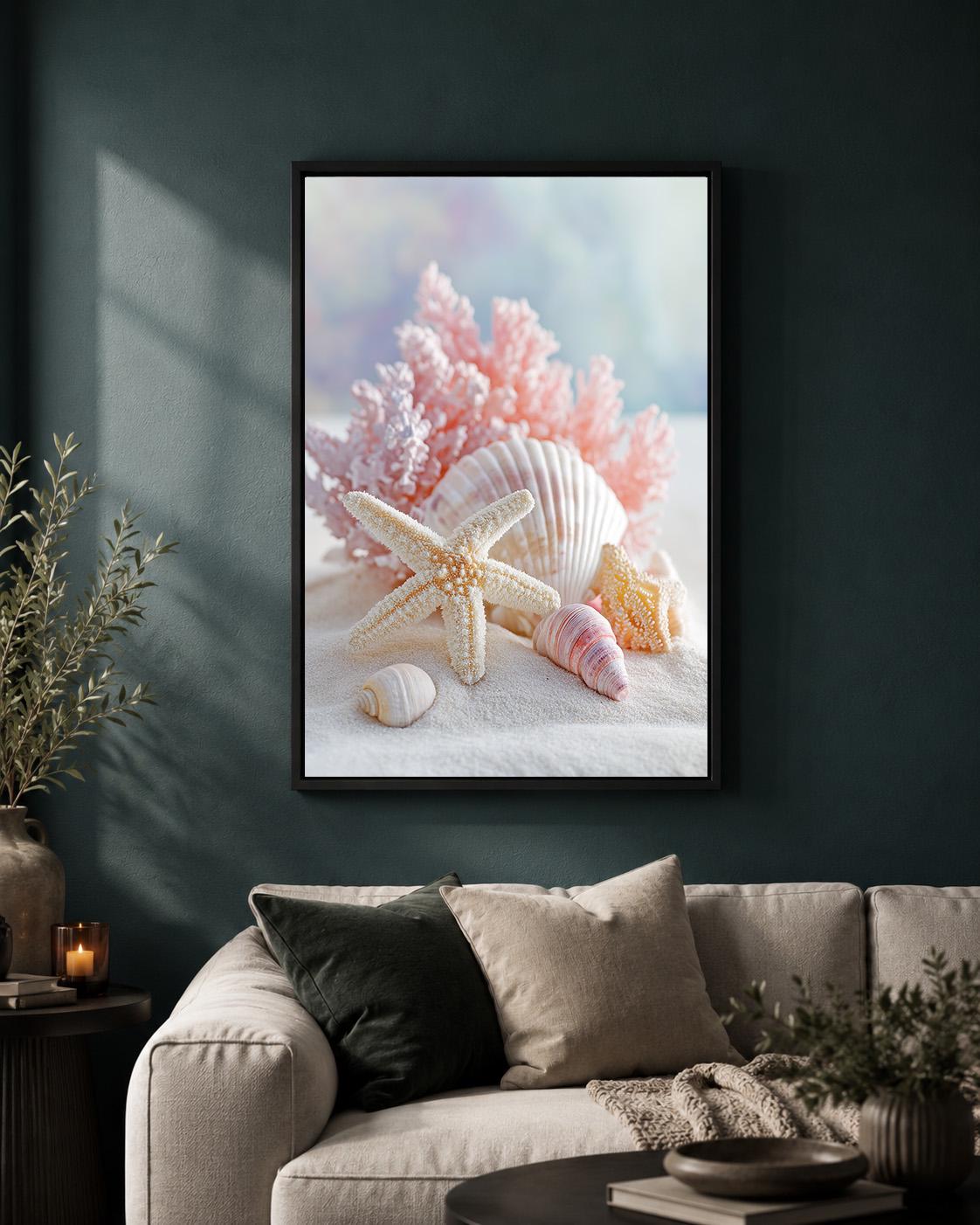 Pink Coastal Seashell Framed Canvas Art, Beach Starfish Print, Pastel Ocean Decor by The Wall Art Studio - physical