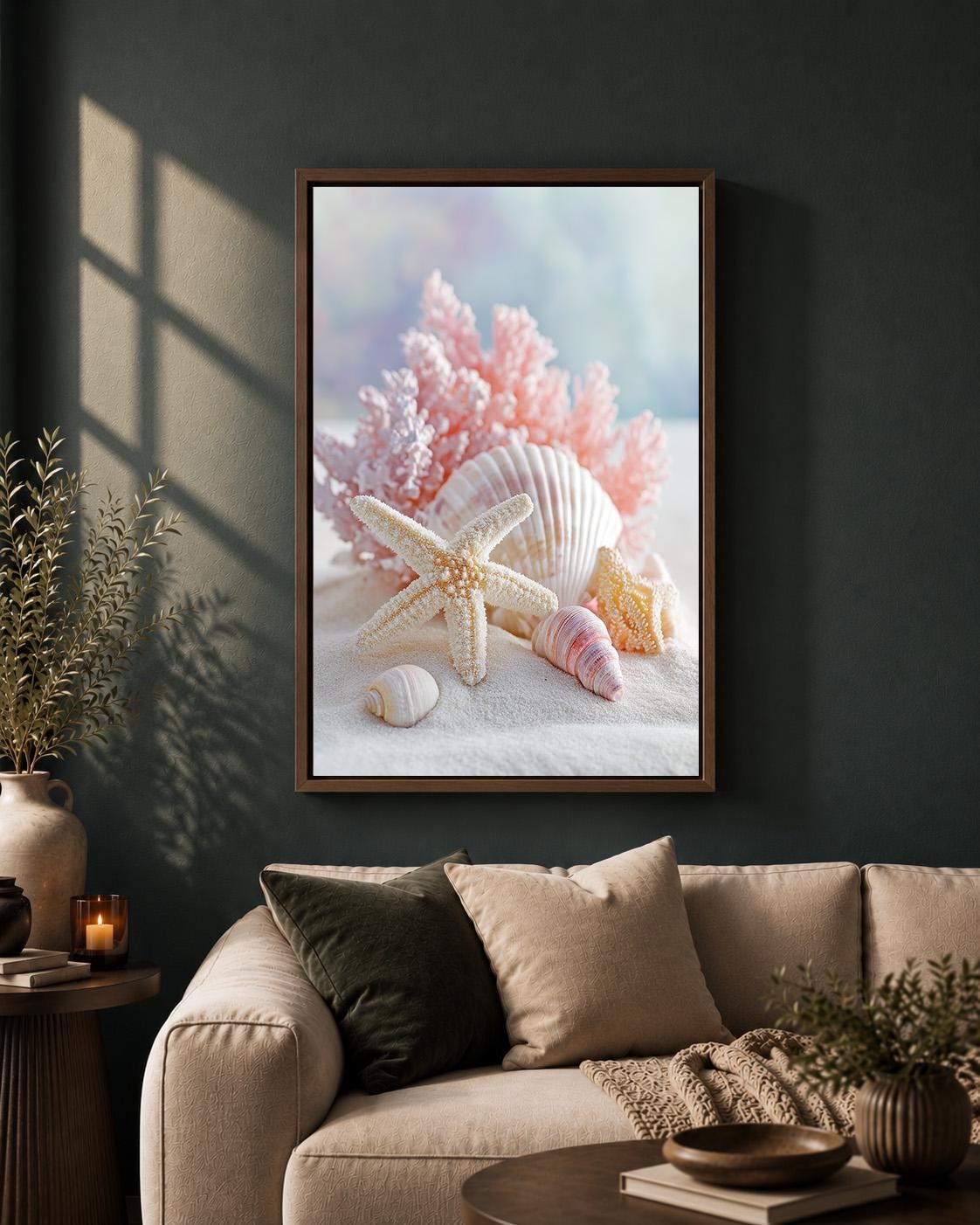 Pink Coastal Seashell Framed Canvas Art, Beach Starfish Print, Pastel Ocean Decor by The Wall Art Studio - physical