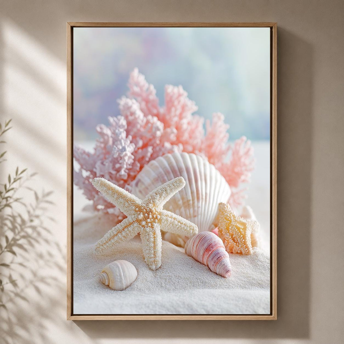 Pink Coastal Seashell Framed Canvas Art, Beach Starfish Print, Pastel Ocean Decor by The Wall Art Studio - physical