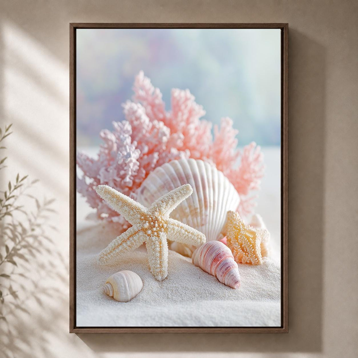 Pink Coastal Seashell Framed Canvas Art, Beach Starfish Print, Pastel Ocean Decor by The Wall Art Studio - physical
