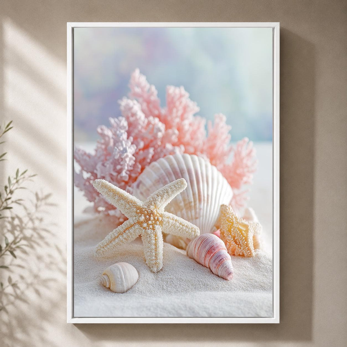 Pink Coastal Seashell Framed Canvas Art, Beach Starfish Print, Pastel Ocean Decor by The Wall Art Studio - physical