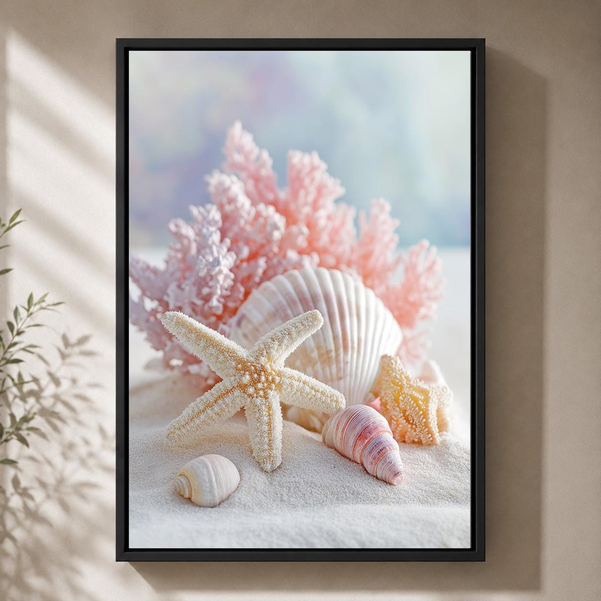 Pink Coastal Seashell Framed Canvas Art, Beach Starfish Print, Pastel Ocean Decor by The Wall Art Studio - physical