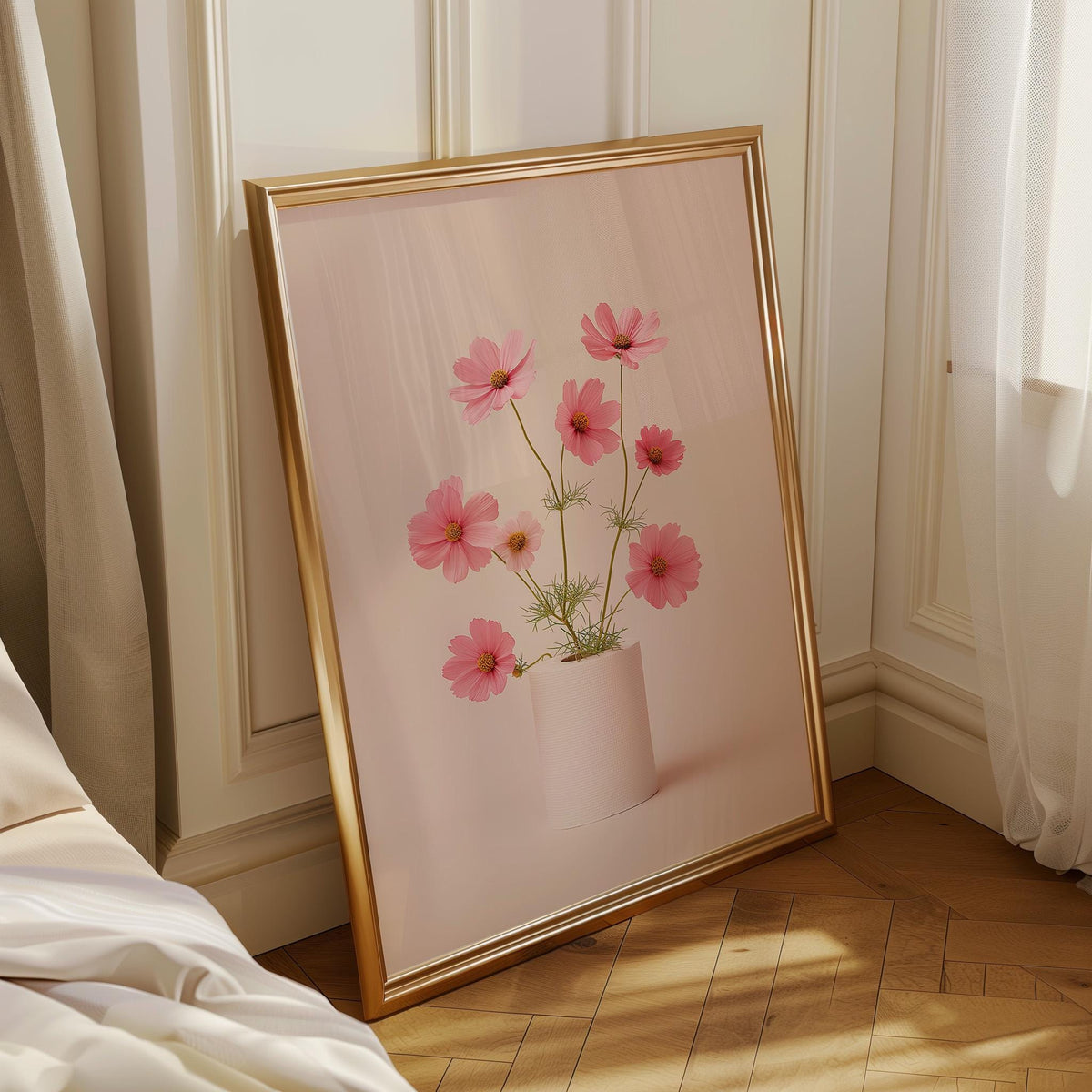 Pink Cosmo Bathroom Wall Art, Minimalist Floral Toilet Roll Print, Soft Blush Botanical Poster for Neutral Bathroom Decor...
