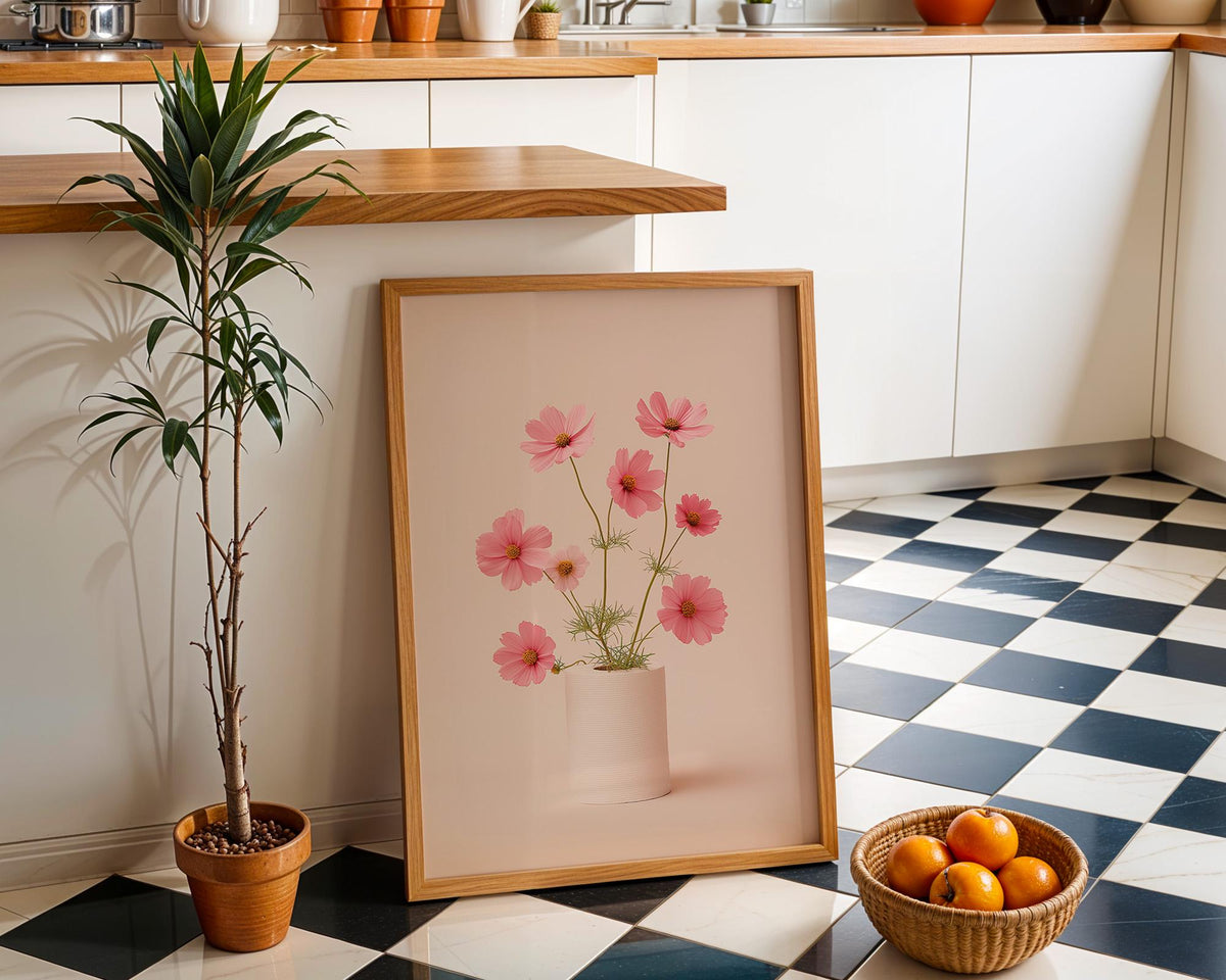 Pink Cosmo Bathroom Wall Art, Minimalist Floral Toilet Roll Print, Soft Blush Botanical Poster for Neutral Bathroom Decor...