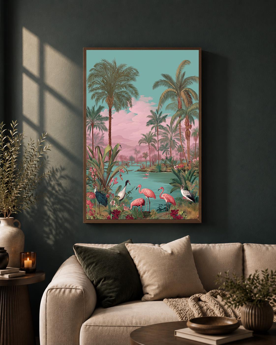 Pink Flamingo Tropical Framed Canvas Art, Coastal Palm Tree Print, Vintage Paradise Landscape by The Wall Art Studio - phy...