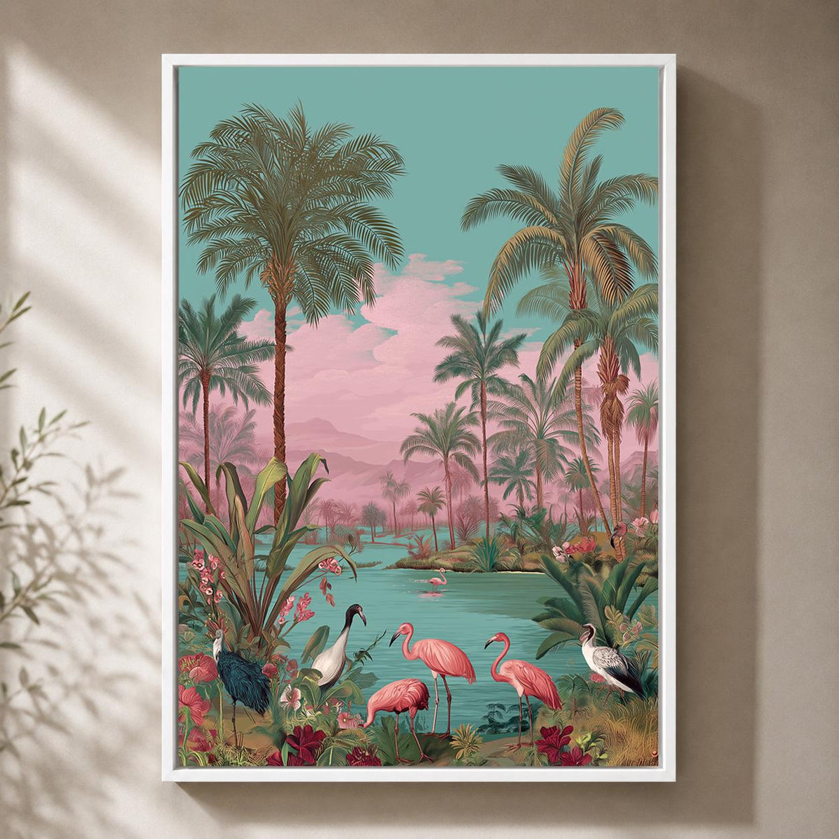 Pink Flamingo Tropical Framed Canvas Art, Coastal Palm Tree Print, Vintage Paradise Landscape by The Wall Art Studio - phy...