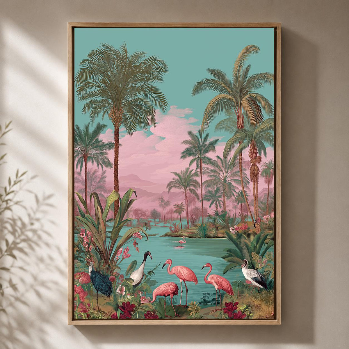Pink Flamingo Tropical Framed Canvas Art, Coastal Palm Tree Print, Vintage Paradise Landscape by The Wall Art Studio - phy...