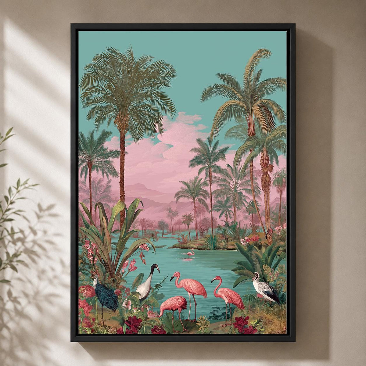 Pink Flamingo Tropical Framed Canvas Art, Coastal Palm Tree Print, Vintage Paradise Landscape by The Wall Art Studio - phy...