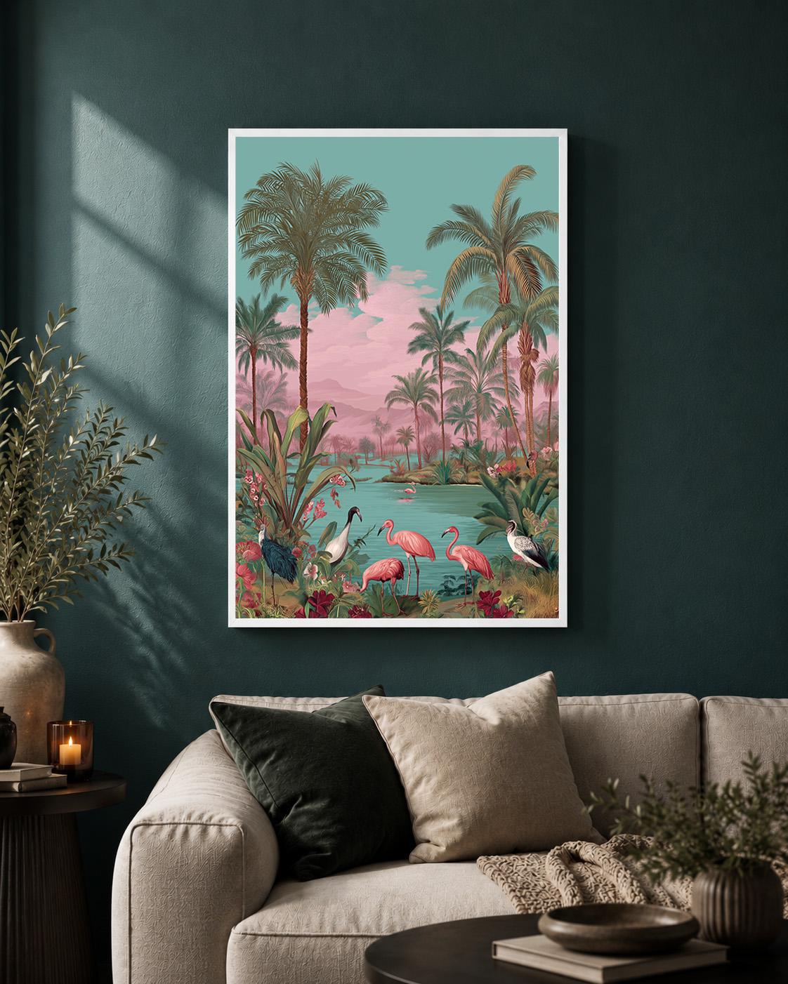 Pink Flamingo Tropical Framed Canvas Art, Coastal Palm Tree Print, Vintage Paradise Landscape by The Wall Art Studio - phy...