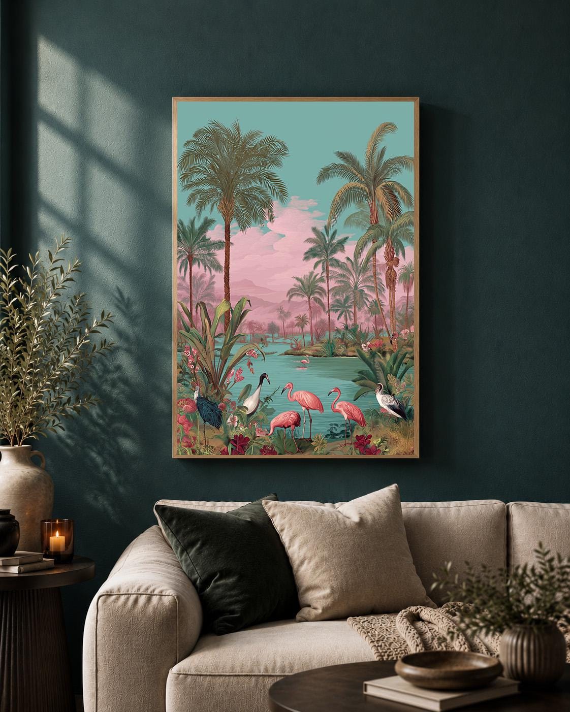 Pink Flamingo Tropical Framed Canvas Art, Coastal Palm Tree Print, Vintage Paradise Landscape by The Wall Art Studio - phy...