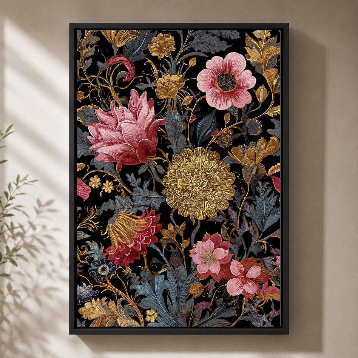 Pink Gold Framed Floral Canvas Print, Moody Botanical Maximalist Artwork, Romantic Vintage Decor by The Wall Art Studio -...