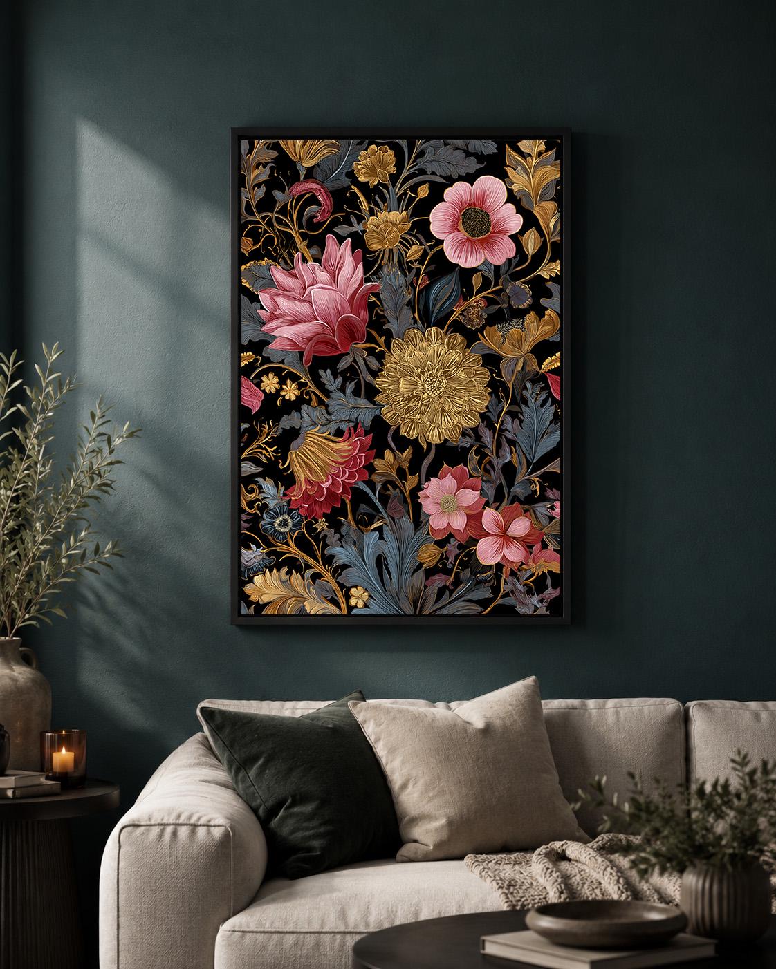Pink Gold Framed Floral Canvas Print, Moody Botanical Maximalist Artwork, Romantic Vintage Decor by The Wall Art Studio -...