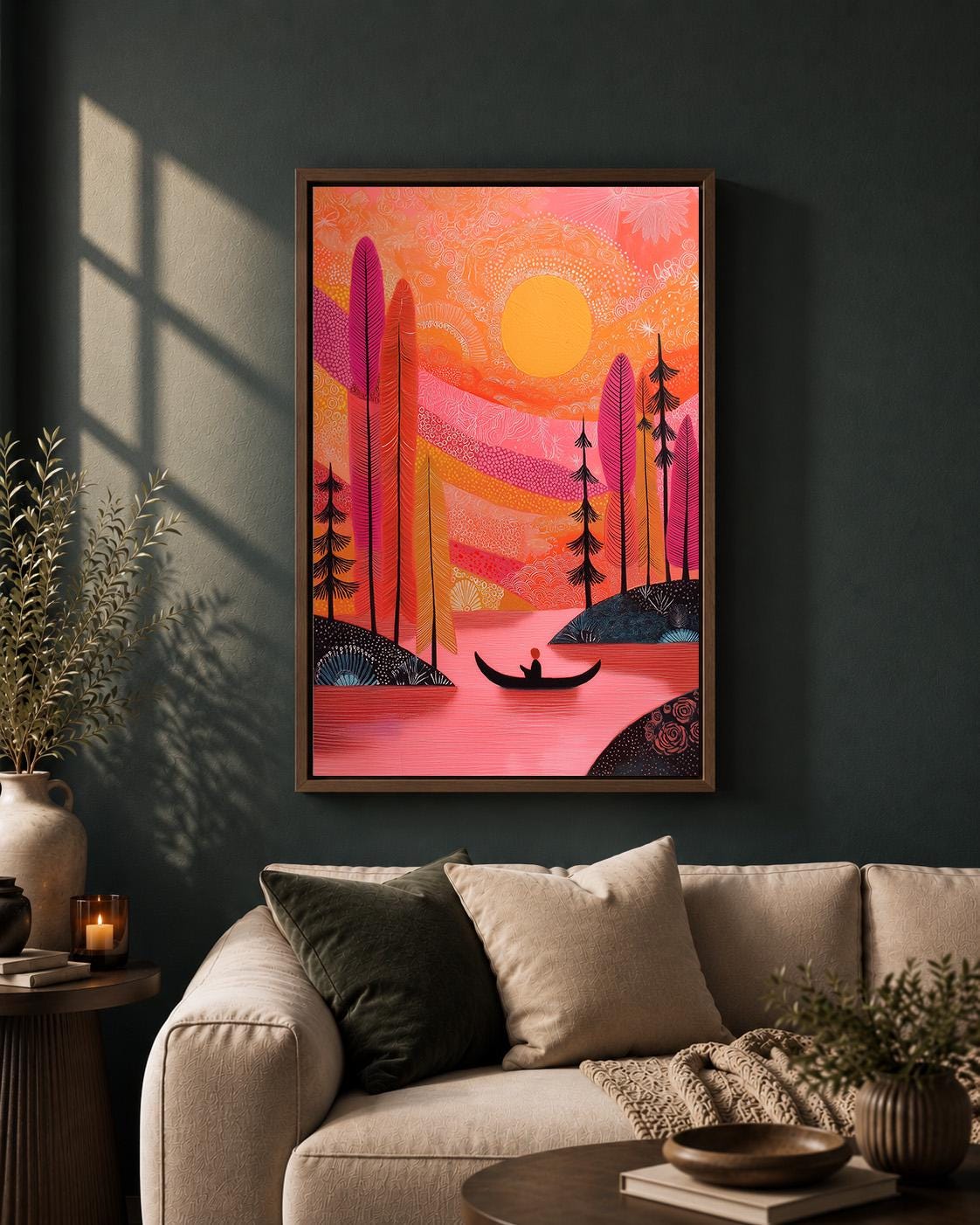 Pink Sunset Landscape Framed Canvas Art, Colorful Boho Lake Nature Print by The Wall Art Studio - physical