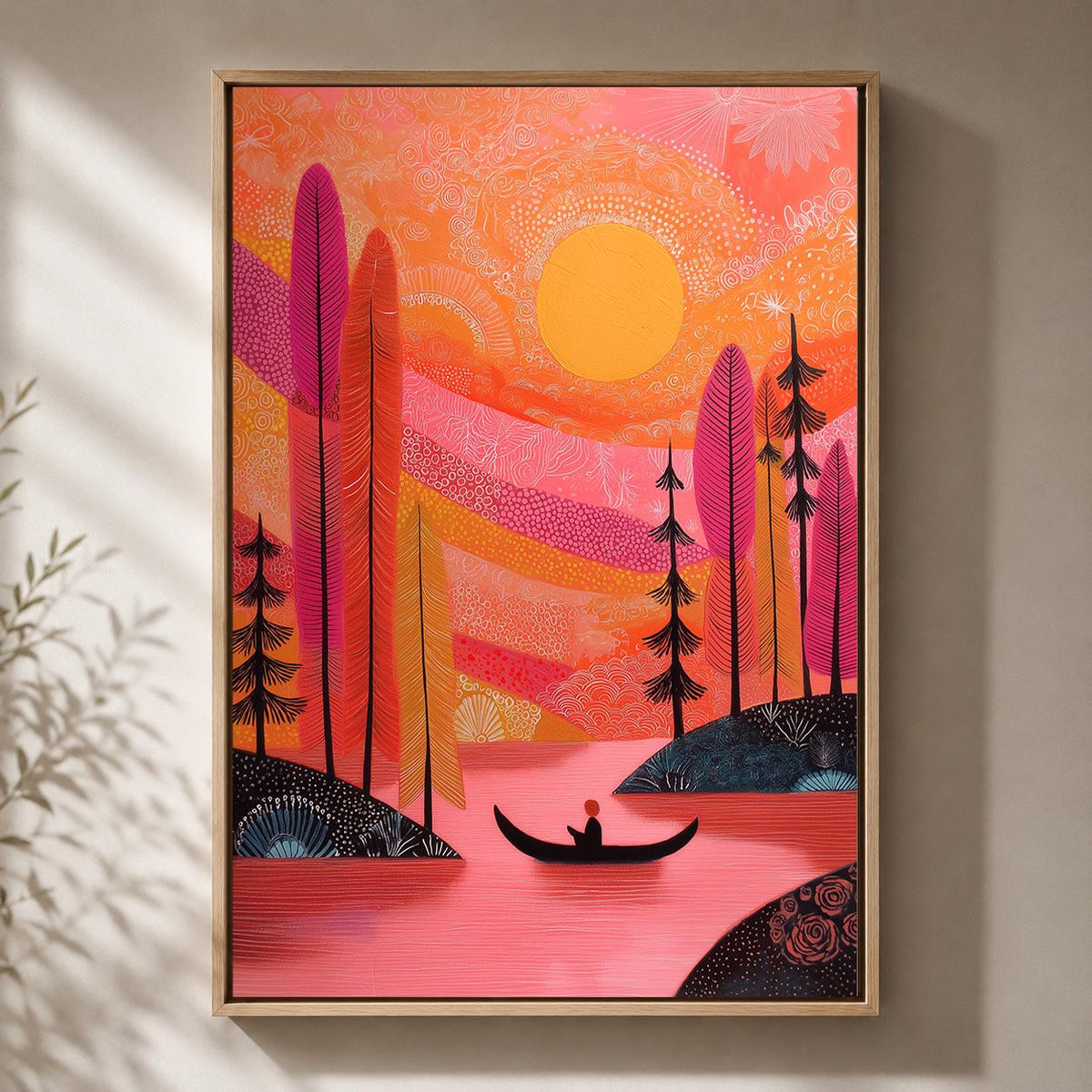 Pink Sunset Landscape Framed Canvas Art, Colorful Boho Lake Nature Print by The Wall Art Studio - physical
