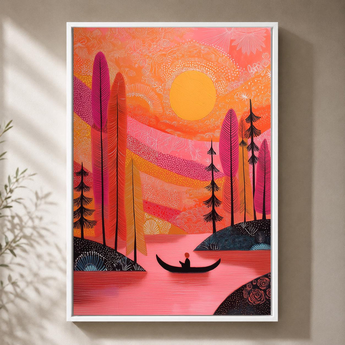Pink Sunset Landscape Framed Canvas Art, Colorful Boho Lake Nature Print by The Wall Art Studio - physical