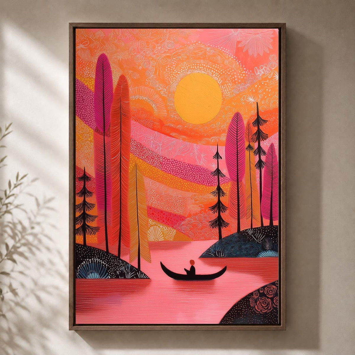 Pink Sunset Landscape Framed Canvas Art, Colorful Boho Lake Nature Print by The Wall Art Studio - physical