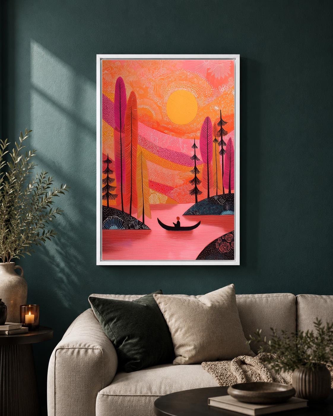 Pink Sunset Landscape Framed Canvas Art, Colorful Boho Lake Nature Print by The Wall Art Studio - physical