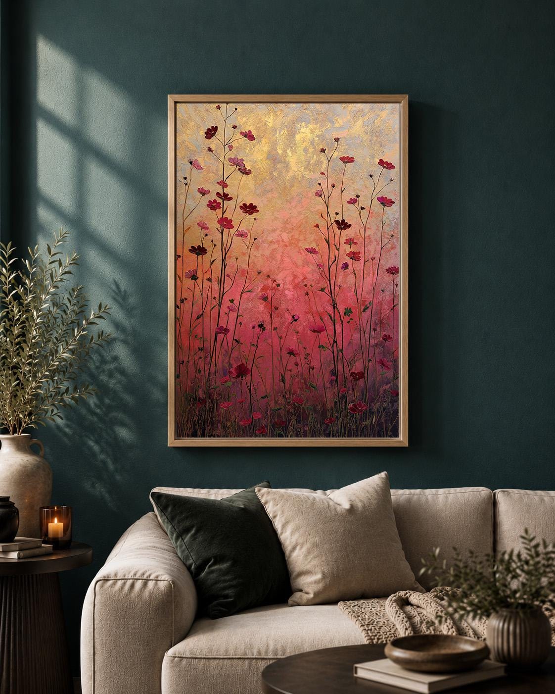 Pink Wildflower Framed Canvas Art, Romantic Floral Meadow Painting, Cottagecore Botanical Decor by The Wall Art Studio - p...