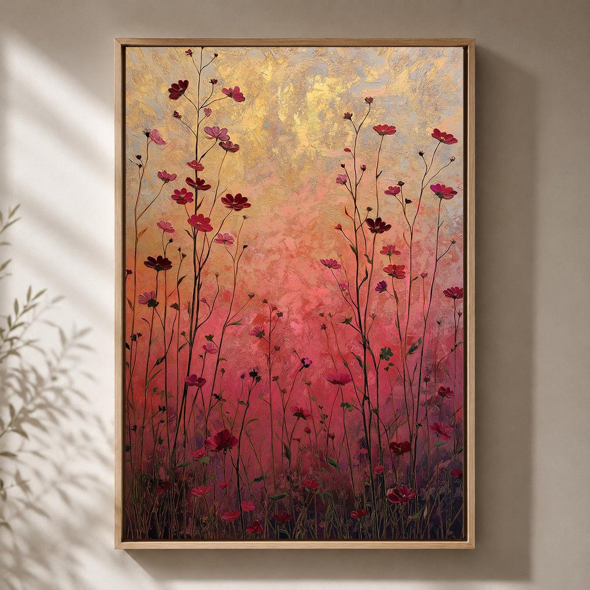 Pink Wildflower Framed Canvas Art, Romantic Floral Meadow Painting, Cottagecore Botanical Decor by The Wall Art Studio - p...
