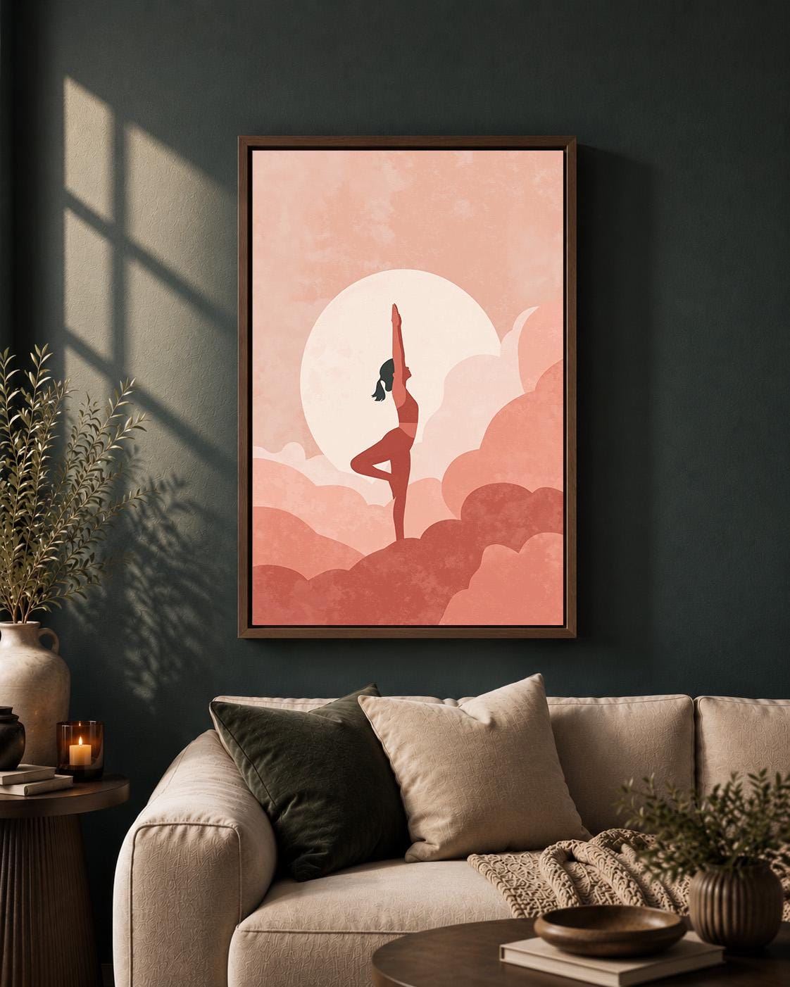 Pink Yoga Framed Canvas Wall Art, Minimalist Meditation Print, Boho Wellness Decor by The Wall Art Studio - physical