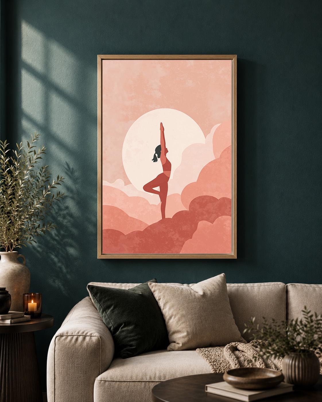 Pink Yoga Framed Canvas Wall Art, Minimalist Meditation Print, Boho Wellness Decor by The Wall Art Studio - physical