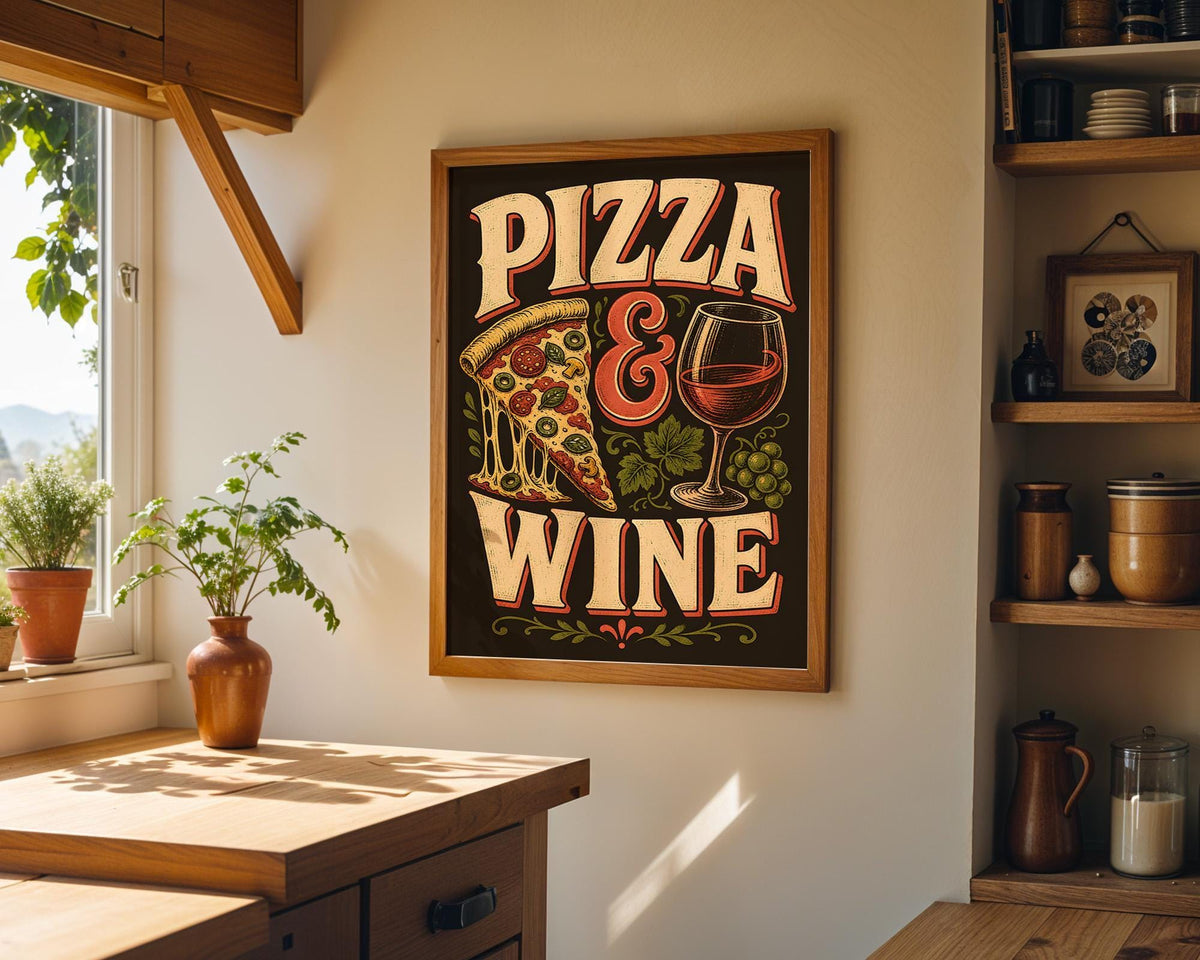 Pizza and Wine Kitchen Wall Art, Italian Food Print, Retro Pizza Poster, Pizzeria Decor, Vintage Kitchen Wall Decor (Frame...