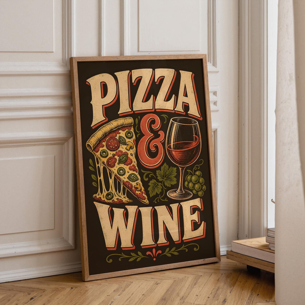 Pizza and Wine Kitchen Wall Art, Italian Food Print, Retro Pizza Poster, Pizzeria Decor, Vintage Kitchen Wall Decor (Frame...