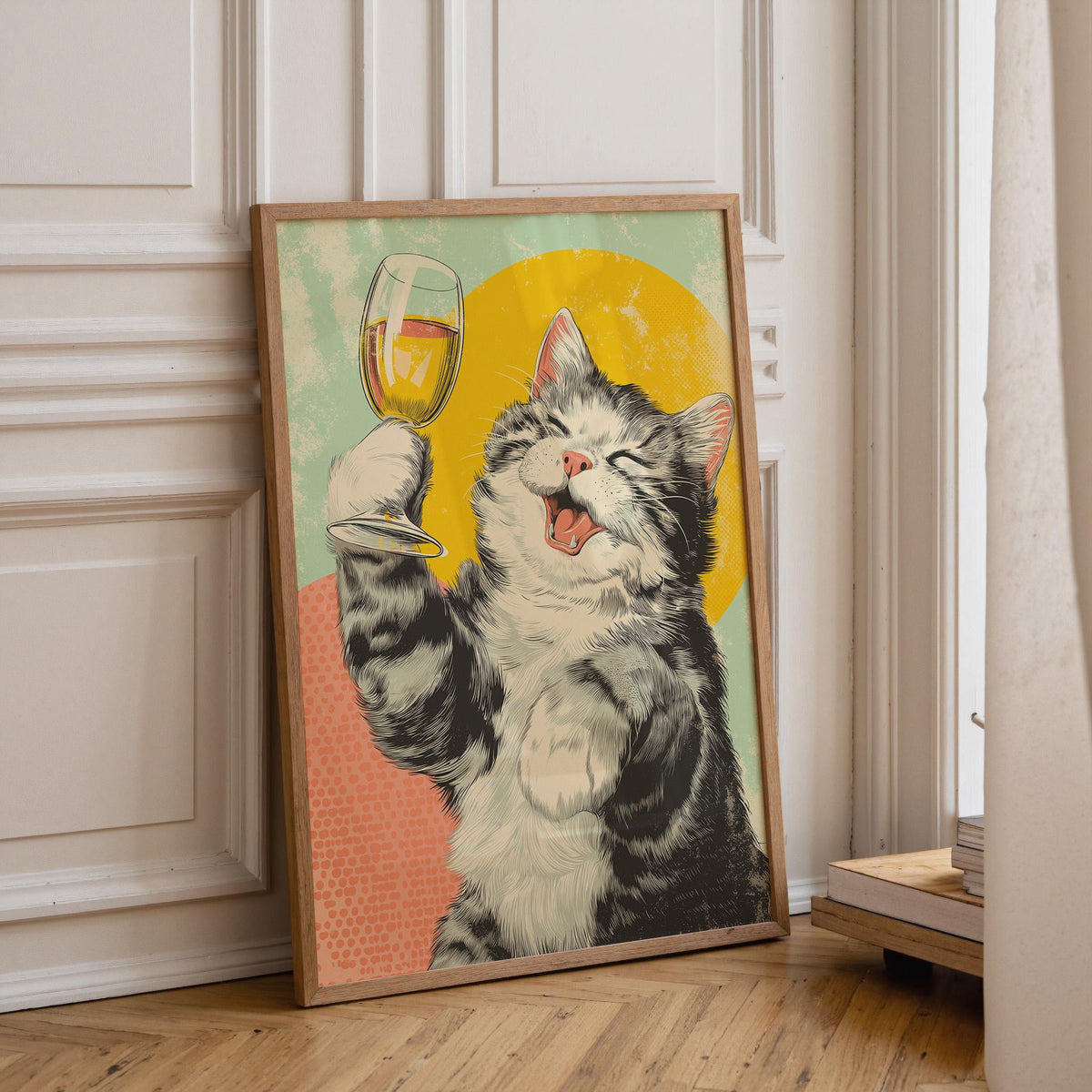 Pop Art Cat with Wine Print | Retro Cat Wall Art | Funny Vintage Style Animal Poster | Whimsical Feline Illustration | Pla...