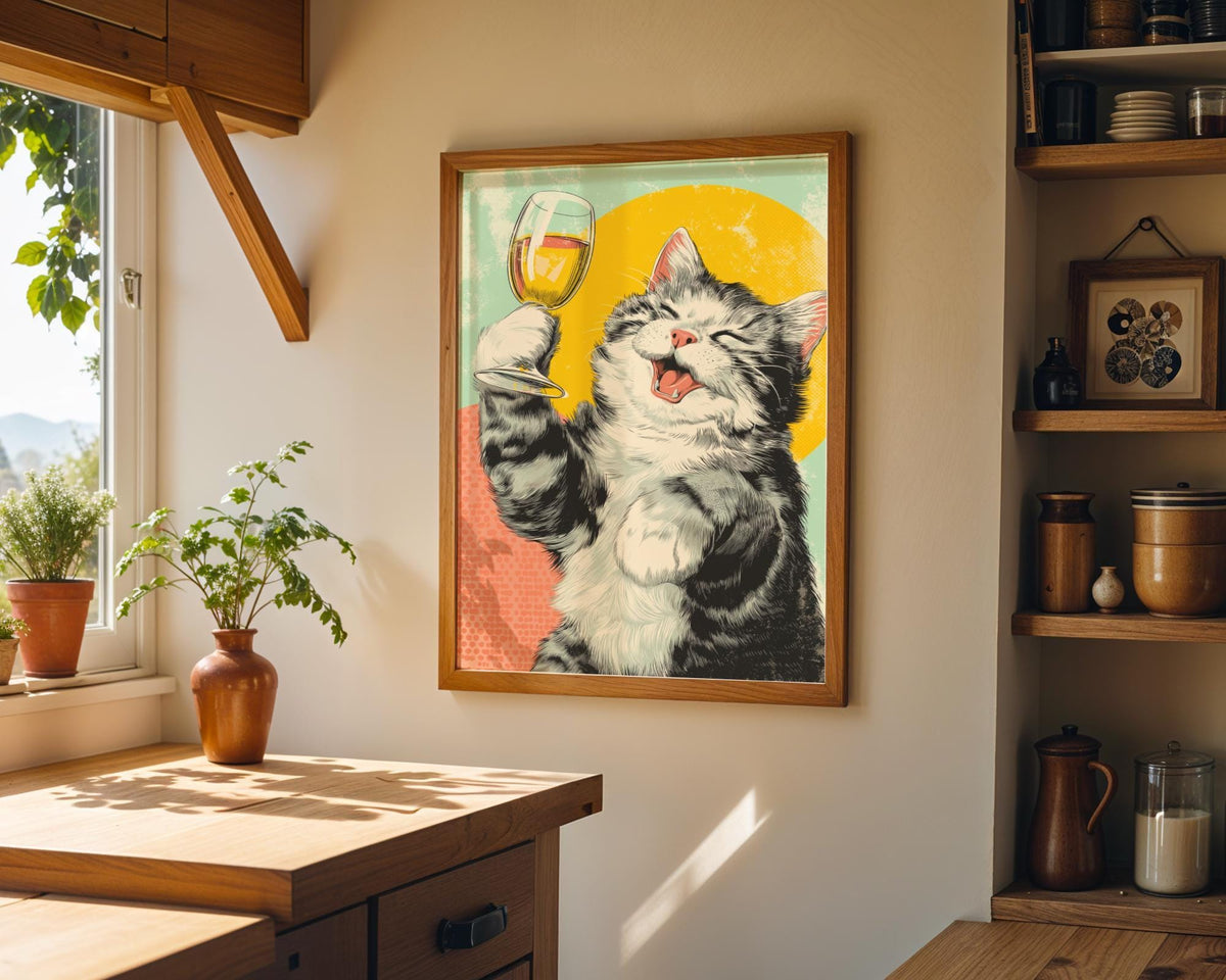 Pop Art Cat with Wine Print | Retro Cat Wall Art | Funny Vintage Style Animal Poster | Whimsical Feline Illustration | Pla...