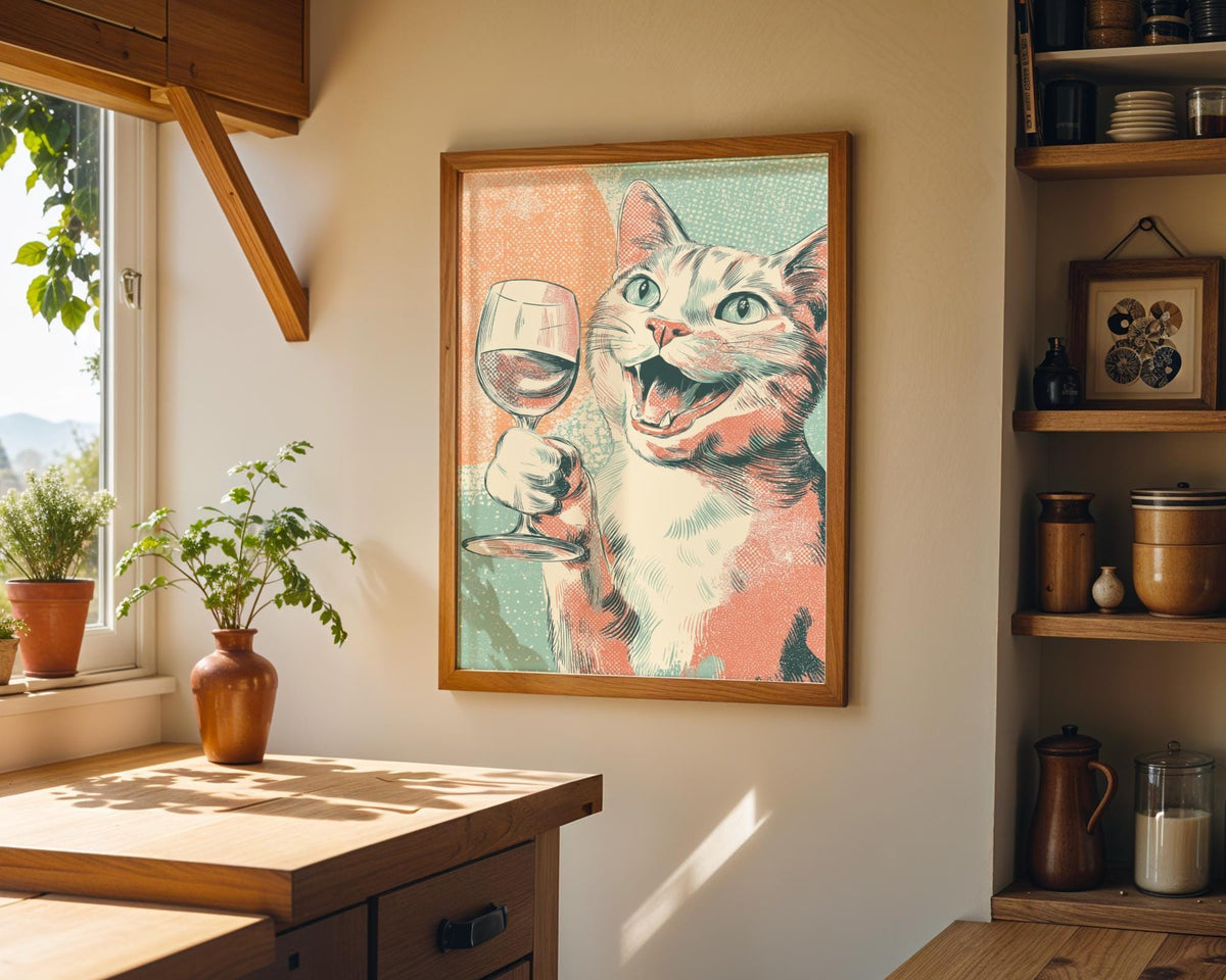 Pop Art Cat with Wine Print | Retro Cat Wall Art | Funny Vintage Style Animal Poster | Whimsical Feline Illustration | Pla...