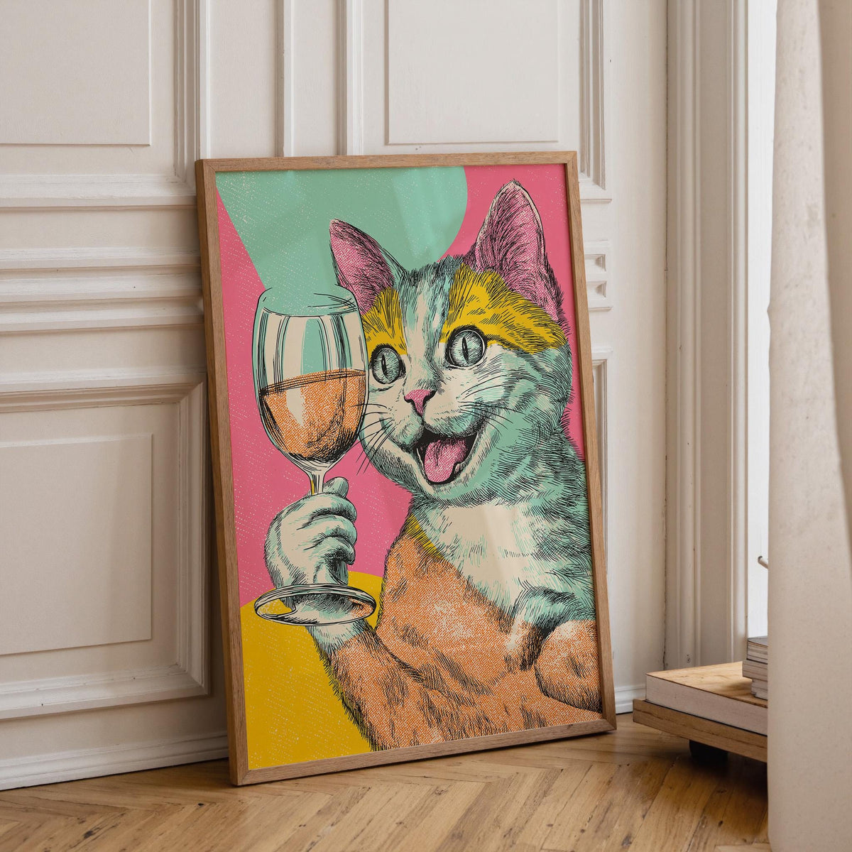 Pop Art Cat with Wine Print | Retro Cat Wall Art | Funny Vintage Style Animal Poster | Whimsical Feline Illustration | Pla...