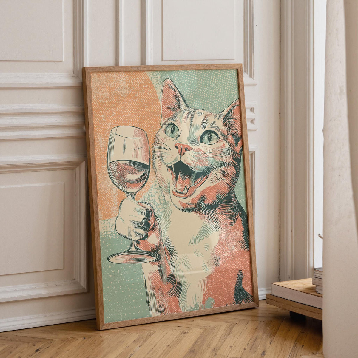 Pop Art Cat with Wine Print | Retro Cat Wall Art | Funny Vintage Style Animal Poster | Whimsical Feline Illustration | Pla...