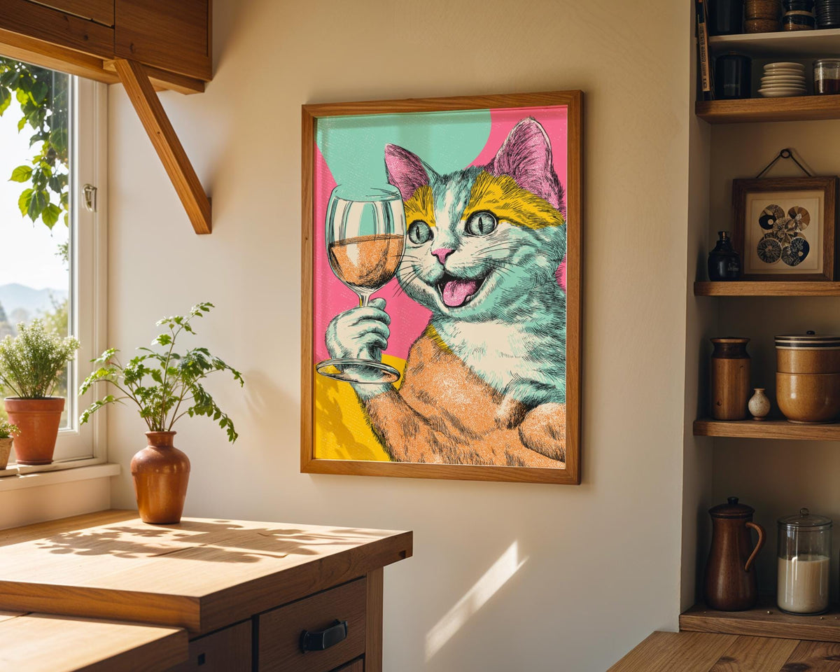 Pop Art Cat with Wine Print | Retro Cat Wall Art | Funny Vintage Style Animal Poster | Whimsical Feline Illustration | Pla...