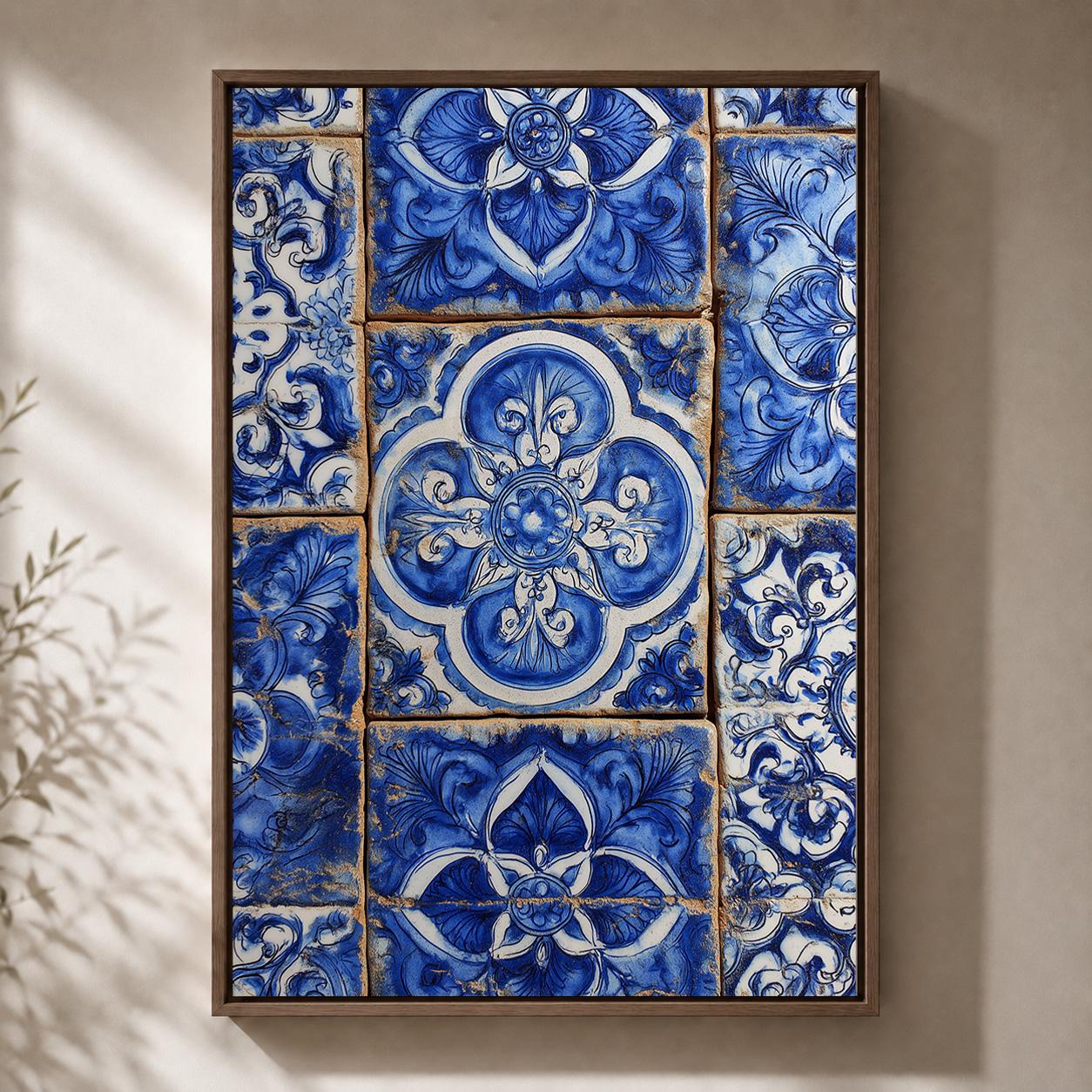 Portuguese Blue Tile Framed Canvas Art, Vintage Azulejo Mediterranean Wall Decor by The Wall Art Studio - physical