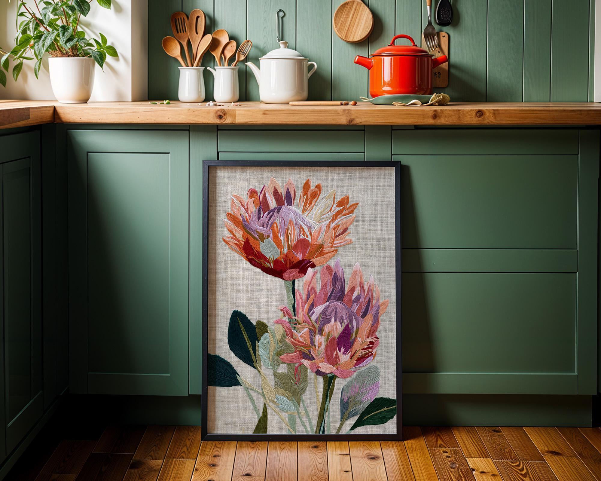 Protea Flower Wall Art, Embroidered Botanical Print, Pink Protea Poster, Modern Floral Decor, Textured Botanical Artwork (...