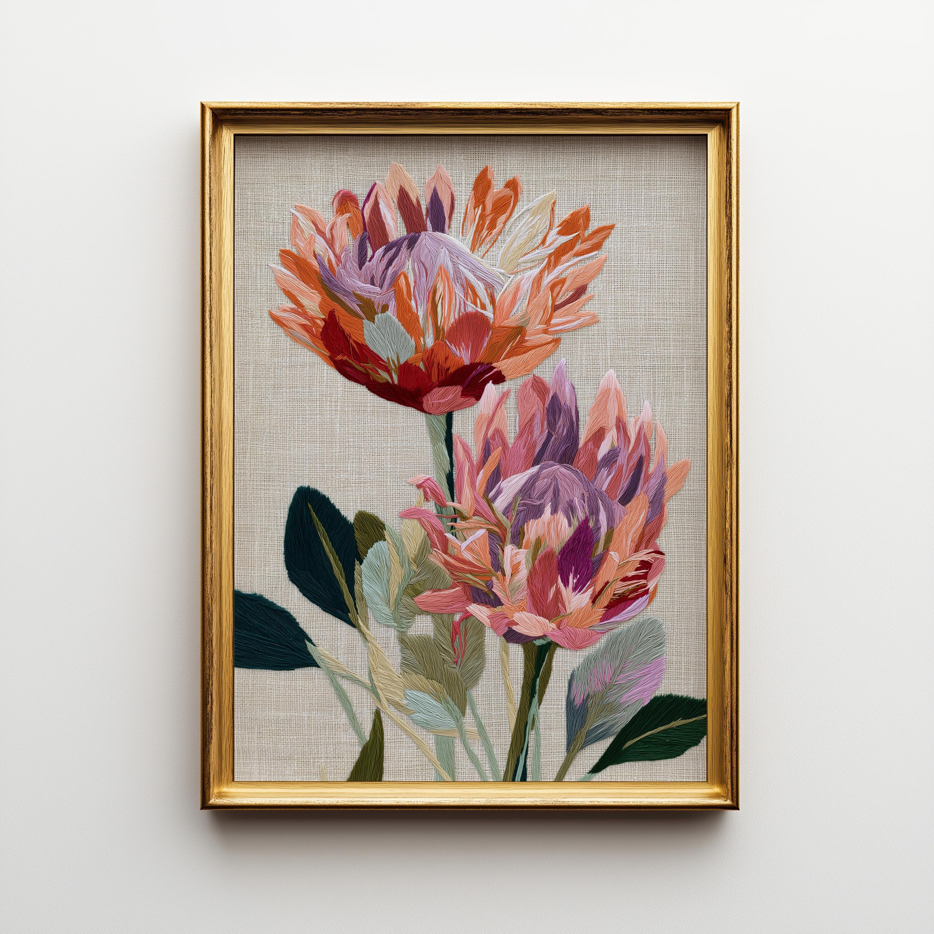 Protea Flower Wall Art, Embroidered Botanical Print, Pink Protea Poster, Modern Floral Decor, Textured Botanical Artwork (...