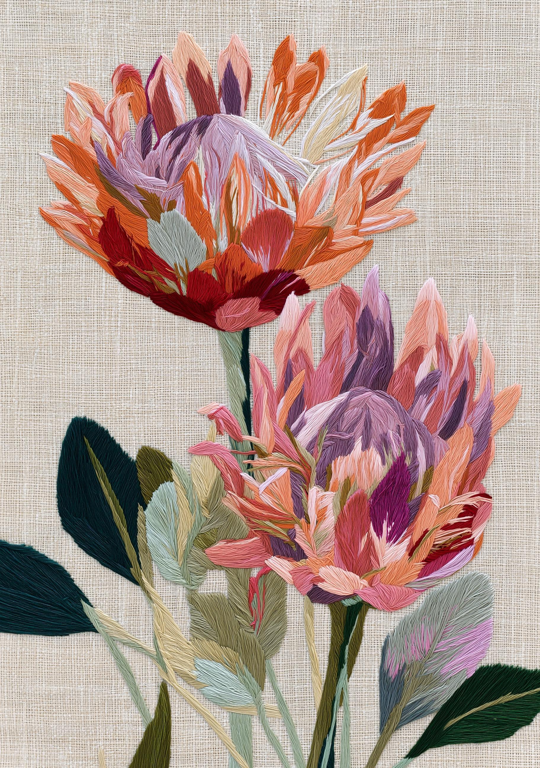 Protea Flower Wall Art, Embroidered Botanical Print, Pink Protea Poster, Modern Floral Decor, Textured Botanical Artwork (...